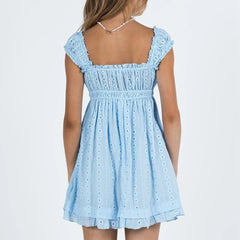 Jacquard Eyelet Ruffle Hem Babydoll Mini Dress