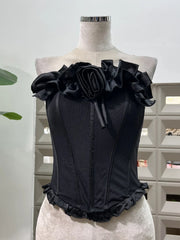 Bow Patchwork Ruffle Corset And Mini Skirt Set