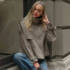 Plaid Print Stand Collar Pocket Jacket