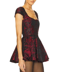 Floral Printed Square Collar Short Sleeve Mini Dress