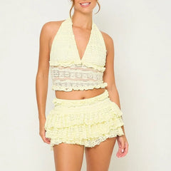 Women's lace tie-up halter neck top and elastic waist mini skort set.