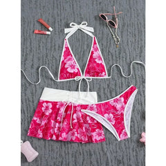 Floral Color Block Triangle Bikini And Pants With Cover Up Skirt Three-Piece Set