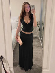 Deep V-Neck Sleeveless Ruched Top And Long Skirt Set