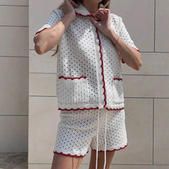 White Knitted Short Sleeve Top And Shorts Set