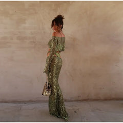 Green Sequin Long Sleeve Top And Maxi Skirt Set