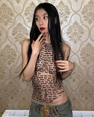 Mesh Letter Printed O-Neck Tank Top With Gloves