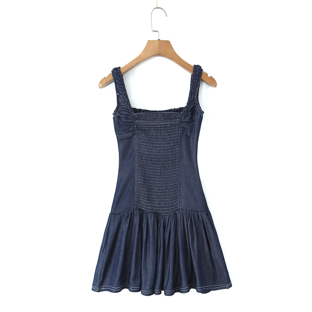 Women's blue button square neck sleeveless mini dress with A-line fit.