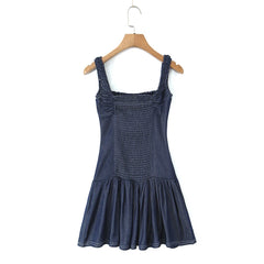 Women's blue button square neck sleeveless mini dress with A-line fit.