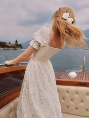 Blue Floral Puff Sleeve Corset Lace Up Midi Dress