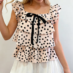 Polka Dot Square Neck Bow Tie Sleeveless Layered Blouse