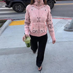 Paisley Knitted Zipper Stand Collar Cardigan Sweatshirt