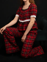 Plaid Short Sleeve Square Neck Top with Elastic Waist Wide Leg Pants Set