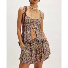 Floral Print Frill Trim Square Neck Tank Top And Ruffle Skirt Set
