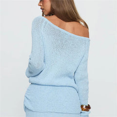 Blue Knit Long Sleeve Off Shoulder Top