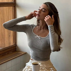 Lace Trim Solid Long Sleeve Top