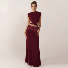 Open Back Top And Sequin Strap Long Skirt Set