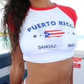 Women's letter flag graphic ruched T-shirt and matching shorts set.