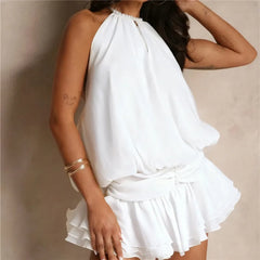 Pearl Halter Neck Open Back Frill Mini Dress