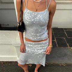 Silver Sequin Cami Top And Midi Skirt Set