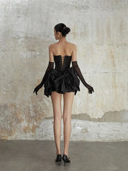 Bow Patchwork Ruffle Corset And Mini Skirt Set