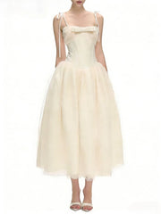 Square Neck Sleeveless Tie Up Strap Bow Mesh Midi Dress