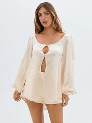Long Sleeve Slit Blouse And Shorts Matching Set