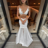 White Satin Lace Trim Bralette And Maxi Skirt Set