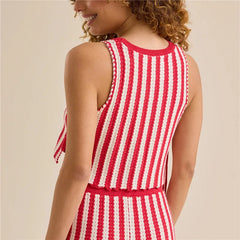 Red Striped Knit Crop 3D Daisy Floral Sleeveless Top