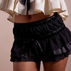 Layered Ribbon Decor Ruched Shorts
