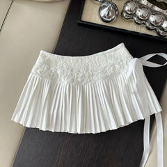 White Pleated Embroidered Bow Mini Skirt