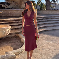 Lace Trim V-neck Tank Top And Midi Skirt Set