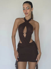 Print Metal Rings Halter Cross Tassel Mini Dress