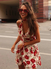 Red Printed Neck Scarf Halter Mini Dress