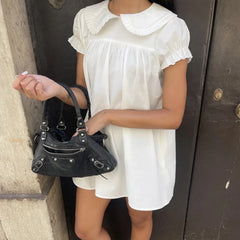 White Doll Collar Short Sleeve Babydoll Mini Dress