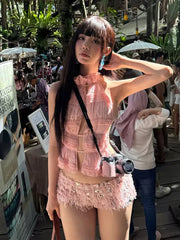 Pink Ruched Halter Open Back Top And Fur Sequin Shorts Set