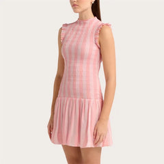 Striped Smocked Mock Neck Ruffle Sleeveless Mini Dress