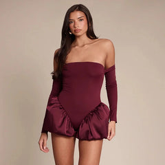 Off-Shoulder Satin Balloon Hem Romper