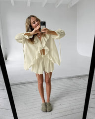Ruffle Tie Up Shirt And Shorts Two Piece Set