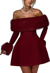 Off Shoulder Fur Trim A Line Mini Dress