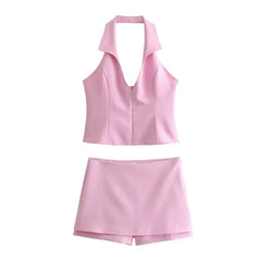 Solid Halter Collar Vest And Back Pocket Shorts Set