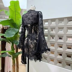 Black Lace Fishbone Flare Sleeve Bodycon Mini Dress