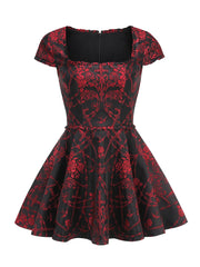 Floral Printed Square Collar Short Sleeve Mini Dress