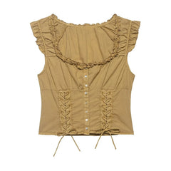 Brown Lace Up Short Sleeve Buttoned Top