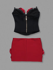 Red Satin 3d Rose Mini Skirt And Corset Top Set