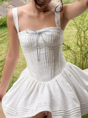 White Square Collar Sleeveless Bow Corset Puffy Short Dress