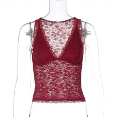 Burgundy Lace V-neck Tank Top
