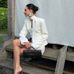 White V-Neck Tapered Waist Suit And Mini Skirt Set