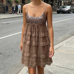 Sequin Multi-Layered Spaghetti Strap Ruffled Mini Dress