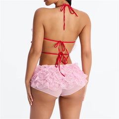 Heart Shaped Halter Lace Satin Bow Top And Pink Ruffle Mini Shorts Set