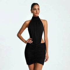 Bodycon Ruched Open-Back High-Neck Mini Dress